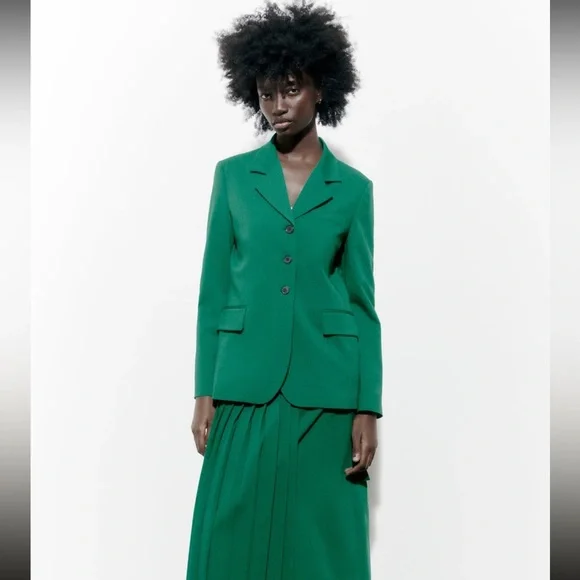 Zara Wool Blend Straight Cut Green Blazer 3 Button - Picture 3 of 15